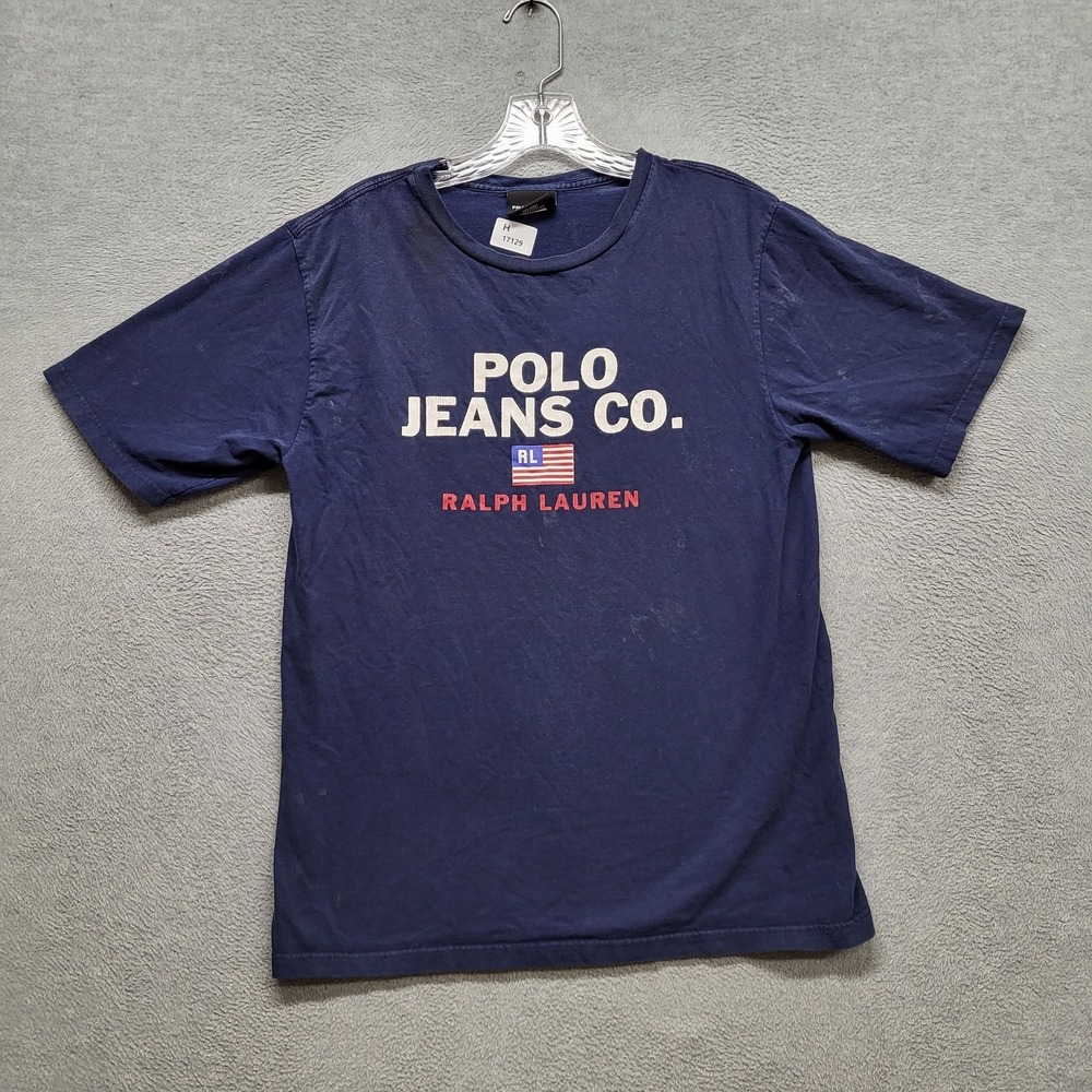 Polo Jeans Co. Ralph Lauren Men Shirt XL Navy Flag Text Logo Short Sleeve READ